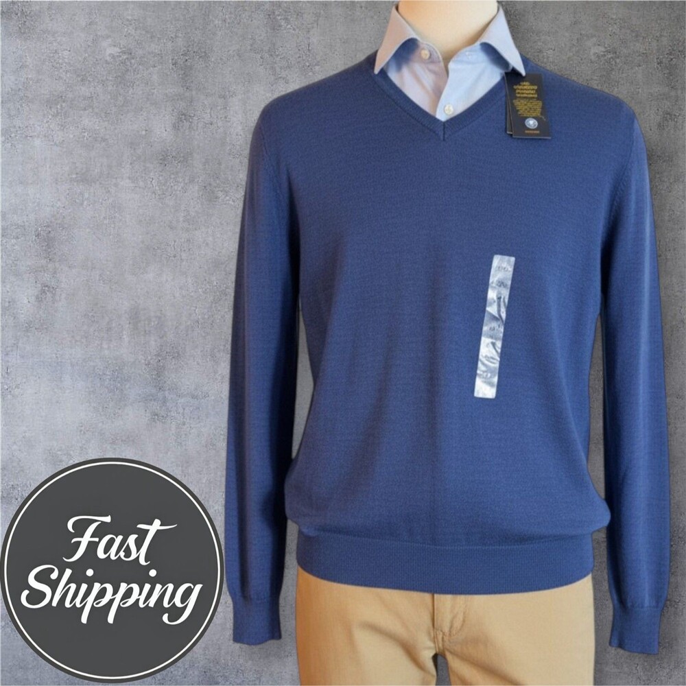 PIOMBO Mens Sweater XXL Extra Fine 100% Merino Wool V Neck Sweater Navy Blue